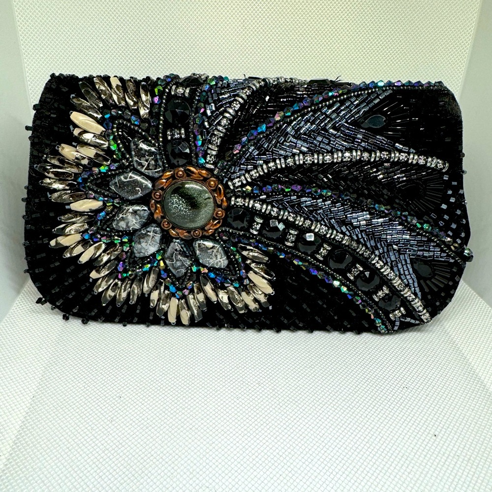 Expressions NYC Black velvet beaded purse evening purse removable chain